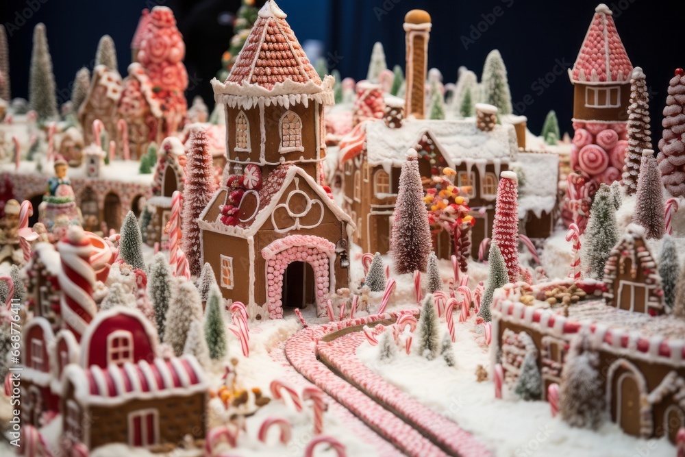 An gingerbread village surrounded by candy canes and lollipops.Holiday theme background. Generative Ai