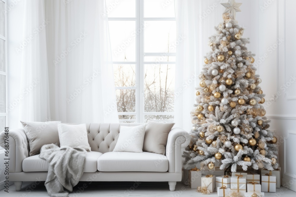 Interior of the living room with a Christmas tree