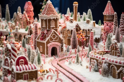 An gingerbread village surrounded by candy canes and lollipops.Holiday theme background. Generative Ai