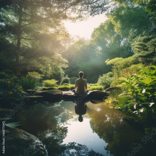 Serene garden meditation amidst nature. © Morphart