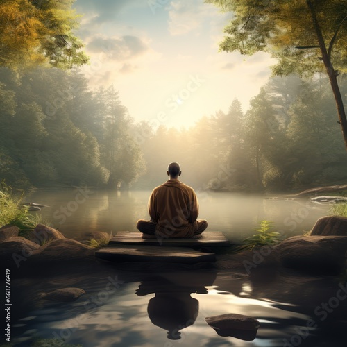 Meditator finding peace in the wilderness. © Morphart