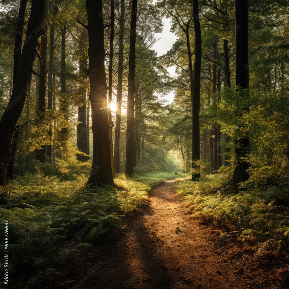 Tranquil trail winding amidst towering trees during golden hour.