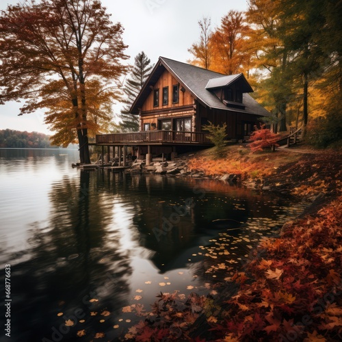 Autumn oasis: Lakeside cabin amidst fall scenery.