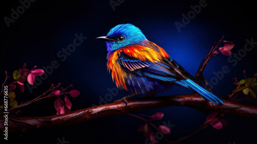 colorful bird sitting on a branch of a tree in the night