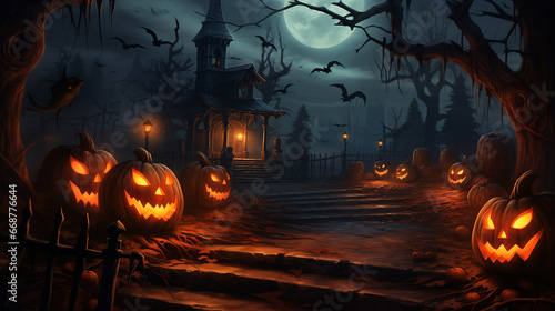 Path of carved pumpkins leading to a spooky old house