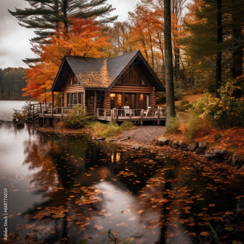Autumnal oasis: tranquil cabin, trees, lake.