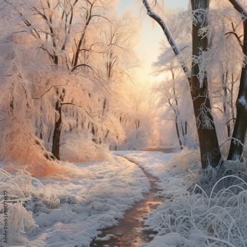 Frosty trees gleam in serene winter landscape © Morphart