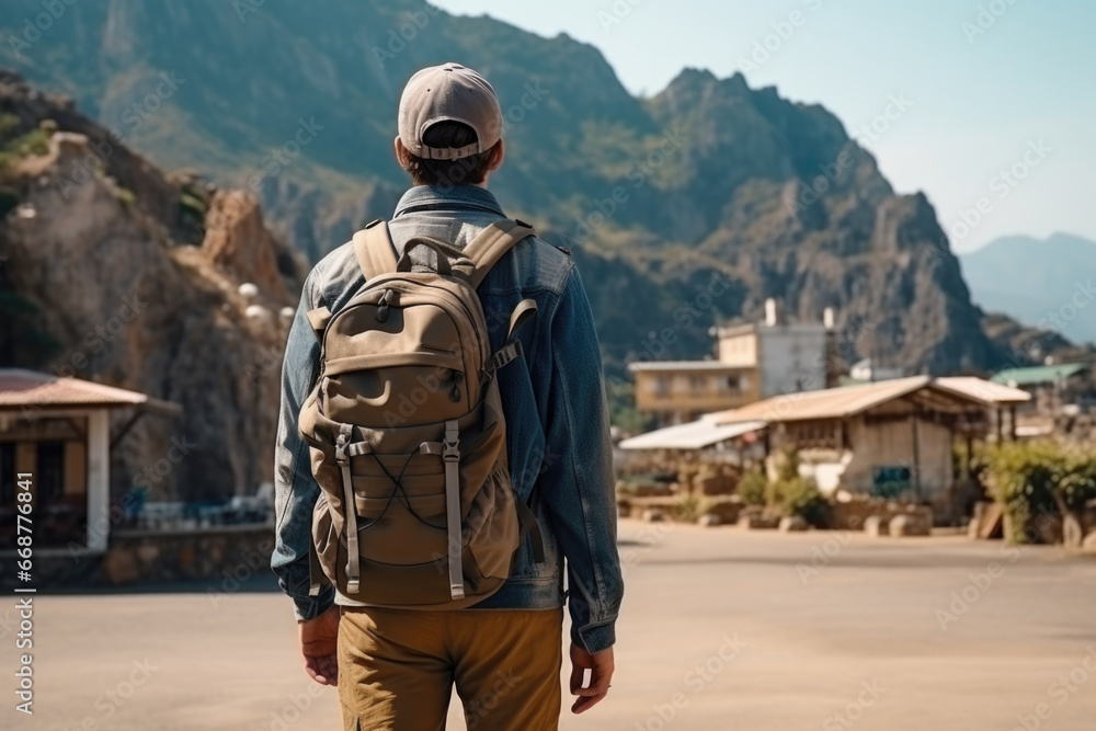 Tourist with a backpack in the city, rear view Tourist with a backpack in the city, rear view