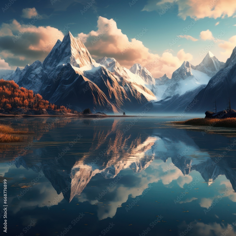 Mountainous reflections on a serene lake.