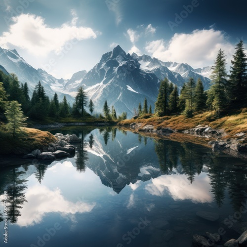 Mirrored mountains rise above serene lake.