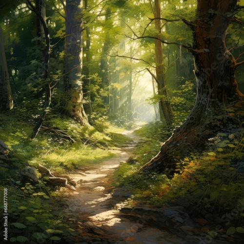 Sunlit trail through winding forest.