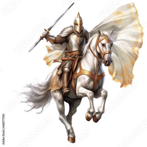 Medieval knight on white steed, isolated.