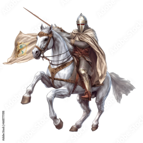 Medieval knight on white steed, isolated. © JKLoma