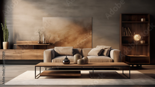 Mockup, modern living room made of wooden furniture with table, couch, chairs, canvas and futuristic decoration | Generative AI