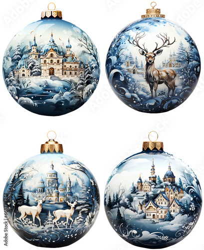 Winter castle and reindeer watercolor style christmas tree balls pack isolated on transparent background. Generative AI.