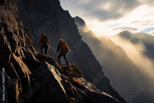 Determined adventurers navigate challenging rock climb