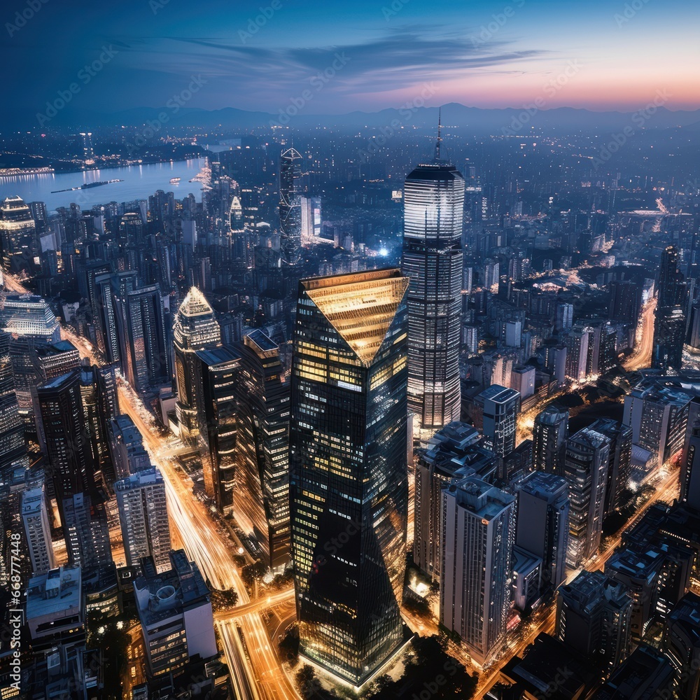 Fototapeta premium Bustling city at twilight from above.