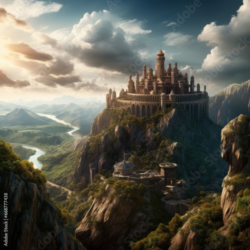 A castle from antiquity stands atop a rocky peak gazing upon a scenic valley.