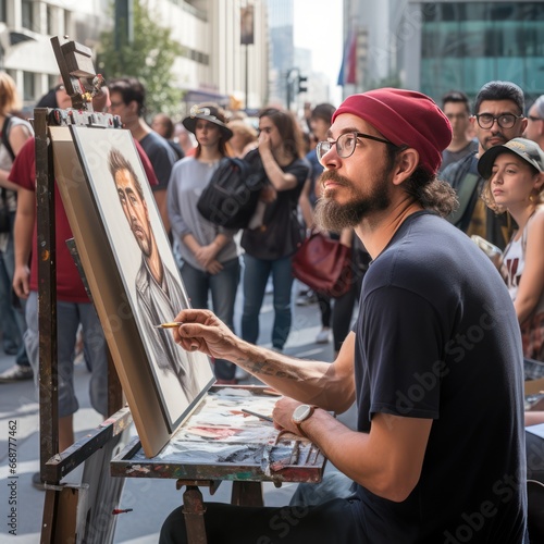 Artist sketches busy street performer on bustling sidewalk.