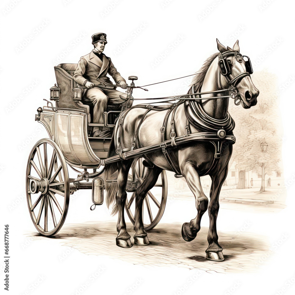 Engraved antique horse-drawn carriage on white background. Engraved antique horse-drawn carriage on white background.
