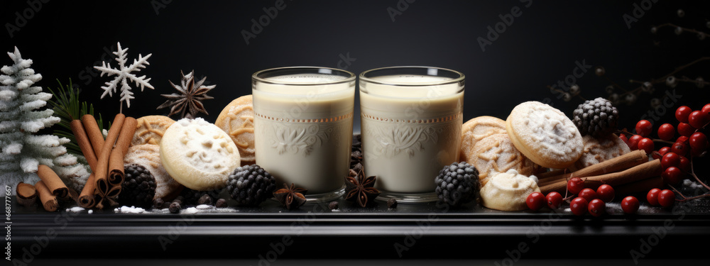Homemade Eggnog drink with cookies, spices and Christmas decorations on dark background. banner copy space. seasonal autumn winter drinks concept.