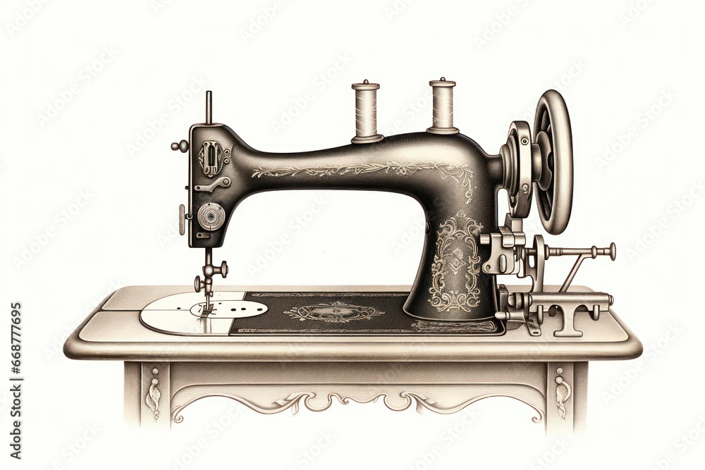 Antique Sewing Machine Engraving on White