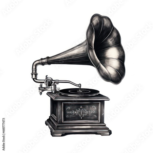 Engraved vintage gramophone on white background - a truly antique piece.