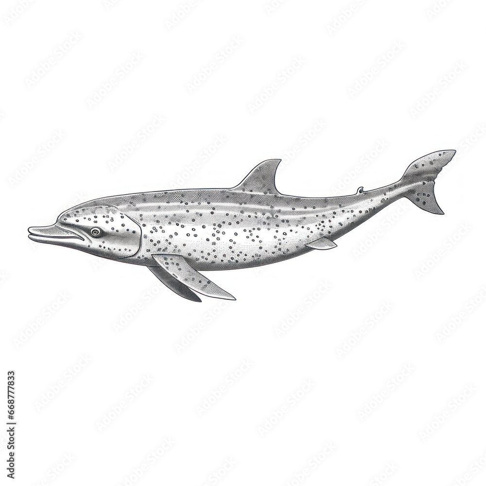 Obraz premium 1800s-Style Engraving of Atlantic Spotted Dolphin on White Background.