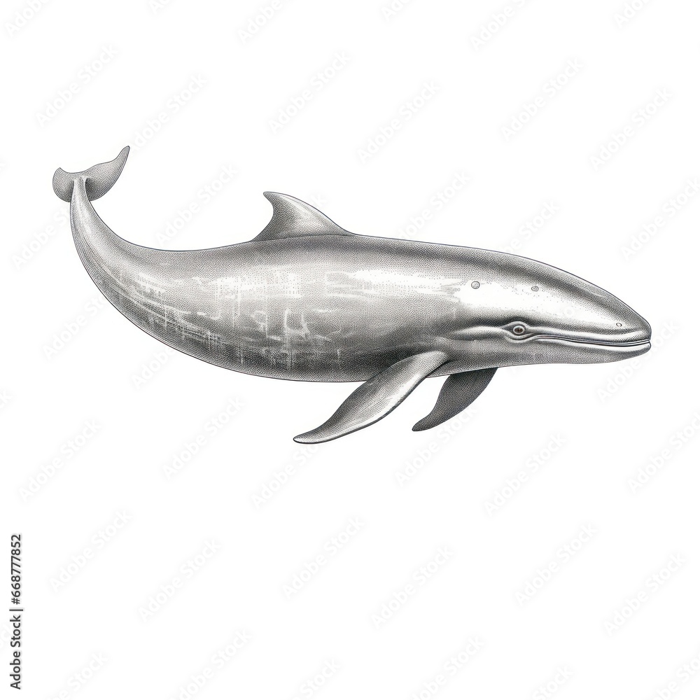 Fototapeta premium Vintage-style engraving of Baird's Beaked Whale on white background, reminiscent of 1800s illustrations.