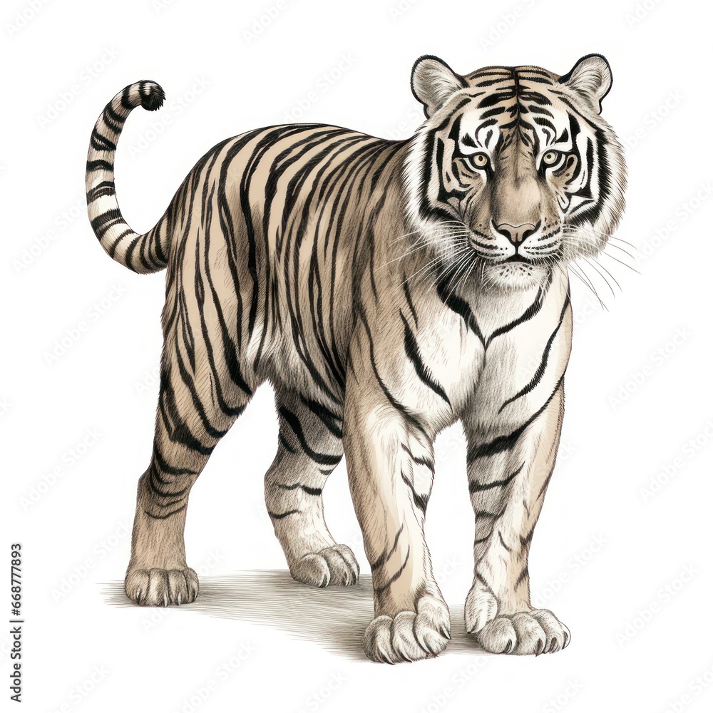 Obraz premium 1800s Style Bengal Tiger Engraving on White Background