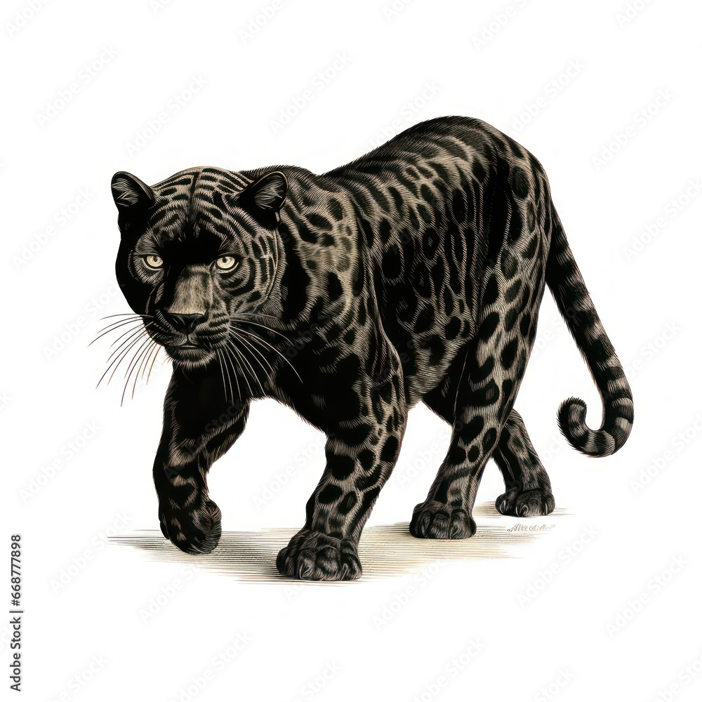 1800s Style Engraving of Black Jaguar on White Background. 1800s Style Engraving of Black Jaguar on White Background.