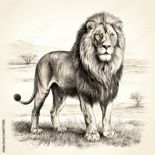 Vintage-style illustration of an Asiatic lion, reminiscent of 1800s engravings, on white background.