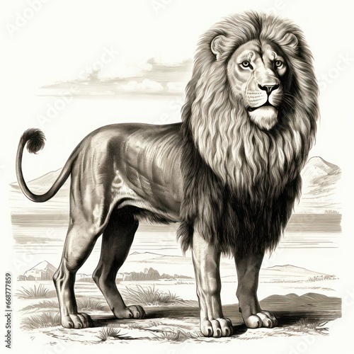 1800s style vintage Barbary Lion engraving on white background illustration.