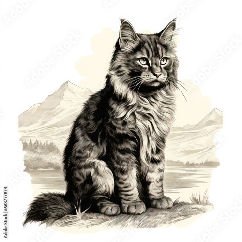 Vintage Engraved Bay Cat Illustration on White Background in 1800s Style