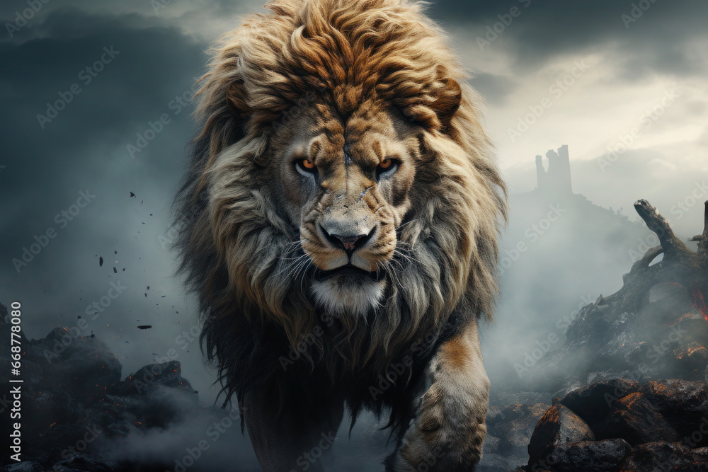 Close up portrait of aggressive lion on abstract background with smoke.