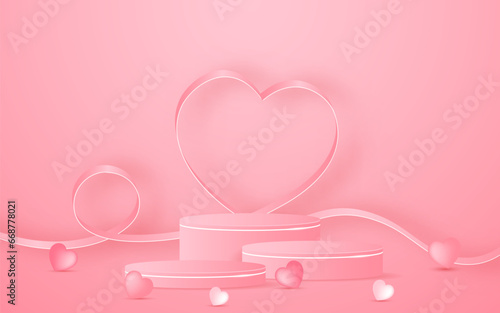 Multi-layered pink podium with pink heart ribbon on the back, valentines day concept for product presentation. Display of cosmetic products. stage or podium. vector illustration	