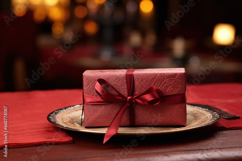 red gift box on wooden table