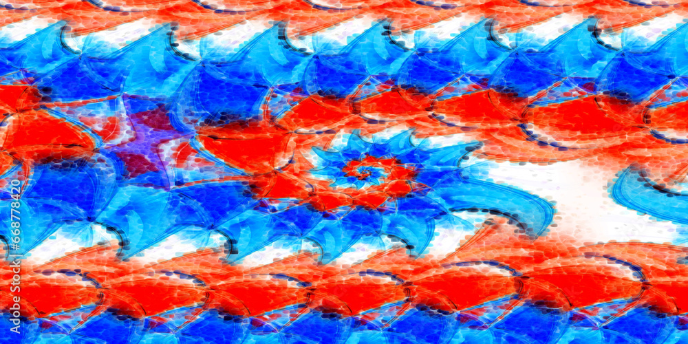 ultra-wide red white and blue dragon mosaic tiled design