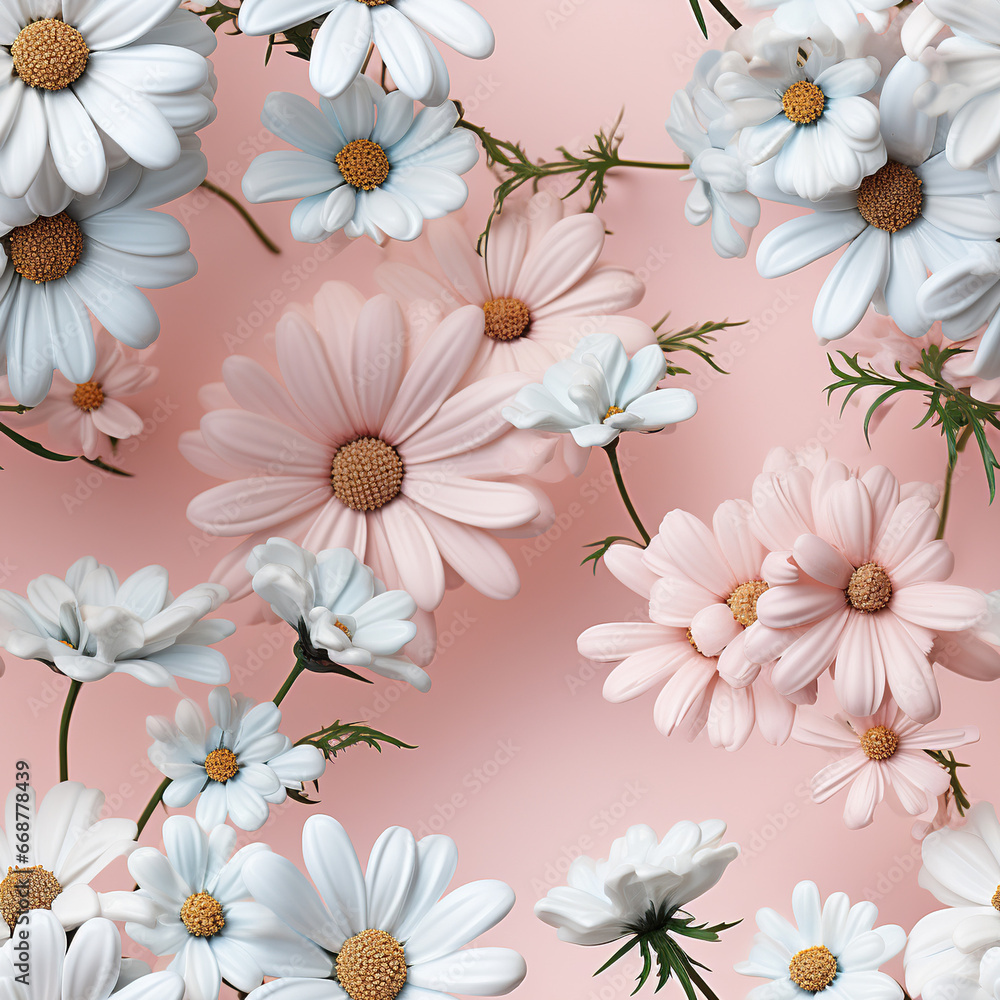 Obraz premium Symphony of Spring: A Pastel Daisy Delight,seamless floral background,seamless background with flowers,seamless pattern with pink flowers