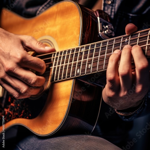 Gentle guitar strumming, a close-up of the musician's fingers.