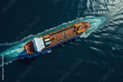Aerial view of a cargo ship on the sea. Transportation concept with a copy space. © John Martin