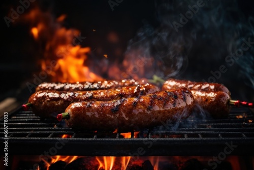 tasty hot dogs cooking on flaming charcoal grill. Generative AI