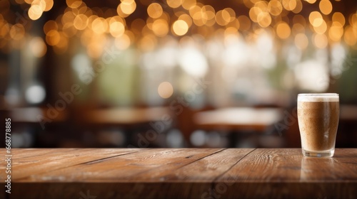 Abstract background of a caf   with bokeh lights and a foreground table.