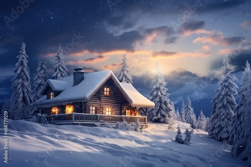 Snowy cabin getaway for a cozy winter. © Morphart