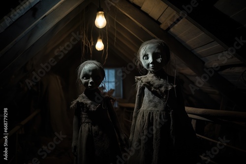 Spooky Dolls in Attic Moonlight.