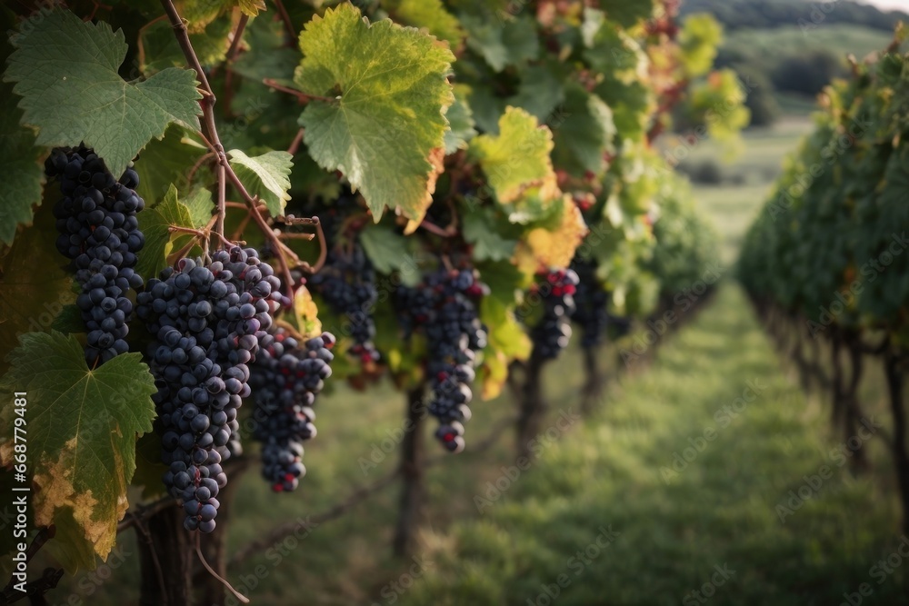 a fresh grapes farm, black grapes. Generative AI