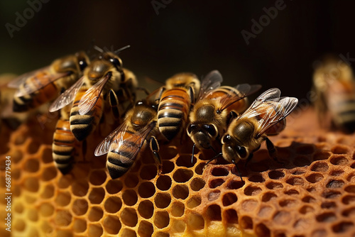 Close up view of the working bees on honeycells - selective focus