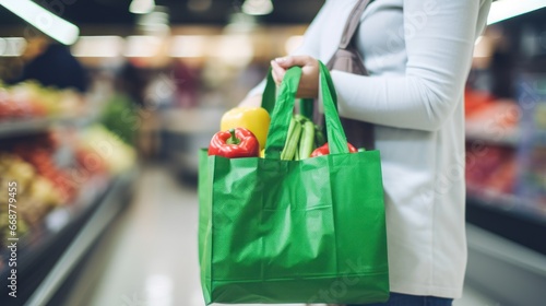 Customer carrying a green reusable bag filled with produce, with a blurred supermarket aisle in the background."