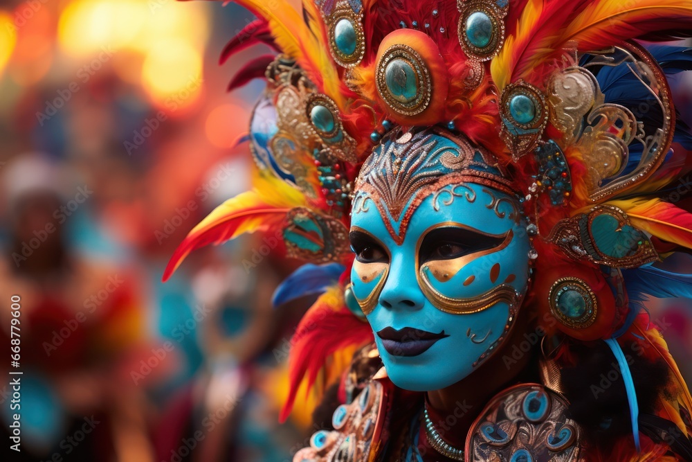Vibrant dancers adorned in fancy costumes and masks, parading joyfully.