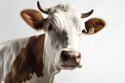 Portrait of a white cow with brown spots on a white background